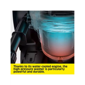 Kärcher K5 pressure washer with water-cooled engine showing transparent tank with blue liquid at top and red/pink liquid at bottom, demonstrating water cooling system capability