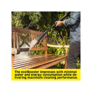 Person using a pressure washer to clean a wooden bench outdoors with text about eco!Booster's efficiency.