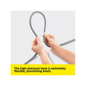 Hands demonstrating the flexibility of a gray high-pressure hose being looped, with yellow banner text stating the hose is extremely flexible and prevents knots