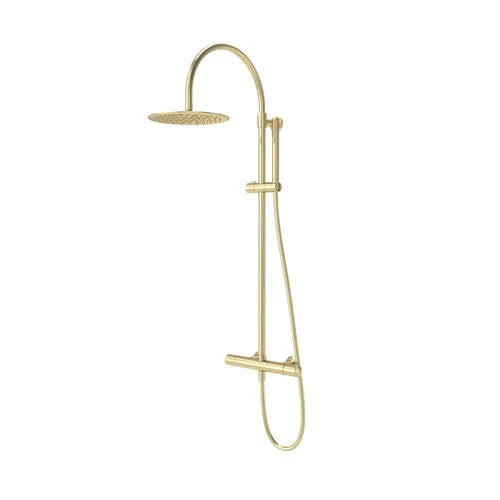 Brushed brass concealed bar shower system with overhead rainfall showerhead and handheld spray on curved arm mount