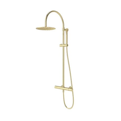 Brushed brass concealed bar shower system with overhead rainfall showerhead and handheld spray on curved arm mount