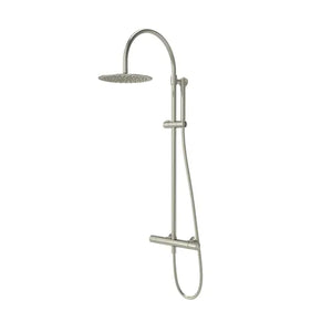 Brushed nickel modern shower system with overhead rainfall showerhead, handheld spray, and thermostatic bar valve mounted on white background
