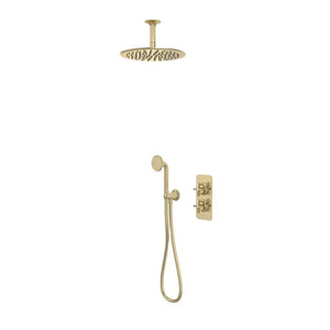 Brushed brass concealed shower system featuring overhead rainfall showerhead, hand shower with hose, and wall-mounted thermostatic valve control
