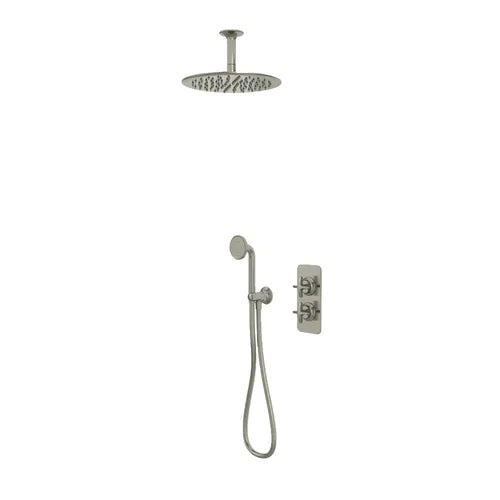 Concealed brushed nickel shower system with ceiling-mounted rainfall showerhead, handheld shower wand on bar, and wall-mounted thermostatic valve control
