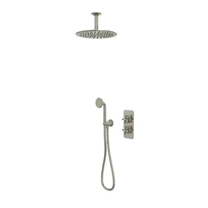Concealed brushed nickel shower system with ceiling-mounted rainfall showerhead, handheld shower wand on bar, and wall-mounted thermostatic valve control