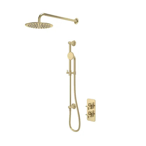 Walcot concealed shower system in brushed brass featuring overhead rainfall showerhead, hand shower with hose, and thermostatic valve control on white background