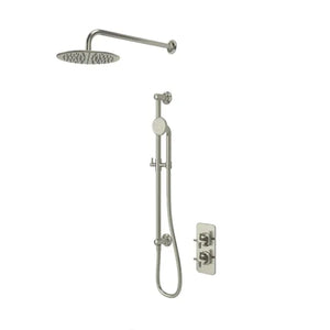 Walcot concealed shower system in brushed nickel featuring overhead rainfall showerhead, handheld shower wand with hose, vertical bar and dual valve control