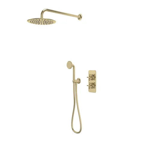 Roper Rhodes Walcot concealed shower system in brushed brass featuring overhead rainfall showerhead, hand shower with hose, and dual control valve mounted on white background