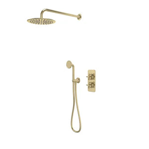 Roper Rhodes Walcot concealed shower system in brushed brass featuring overhead rainfall showerhead, hand shower with hose, and dual control valve mounted on white background