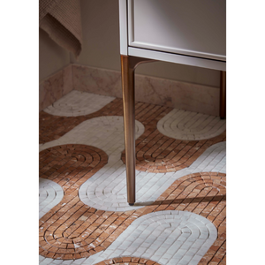 Roper Rhodes Walcot vanity unit with light oak frame reflected in mirror above decorative brick and white tile bathroom floor with curved geometric pattern