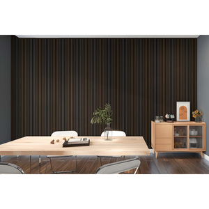 Acoustic wall panels in ebony vertical ribbed finish installed in modern office space with light wood dining table, white chairs, natural wood cabinet with glass doors, potted plant and minimalist decor