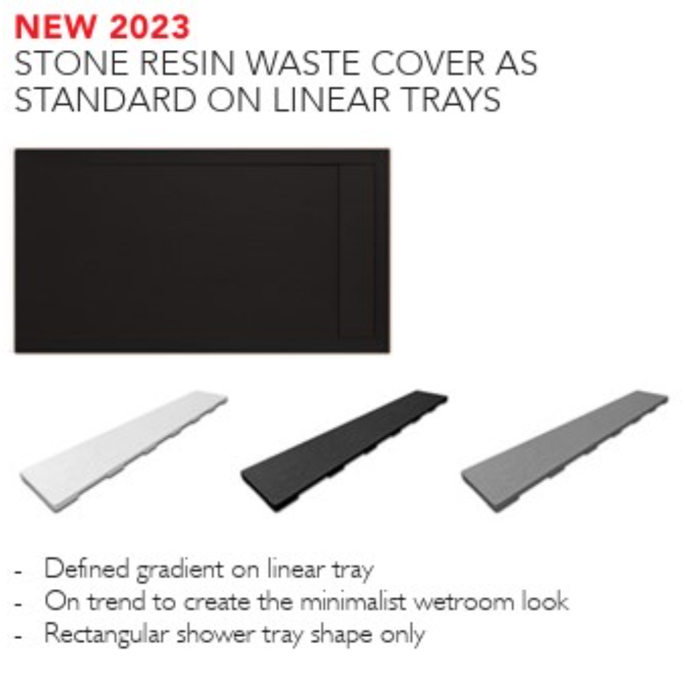 NEW 2023 stone resin waste cover for linear shower trays shown in three color options - white, black, and grey - with defined gradient design for minimalist wetroom aesthetics, rectangular shape only
