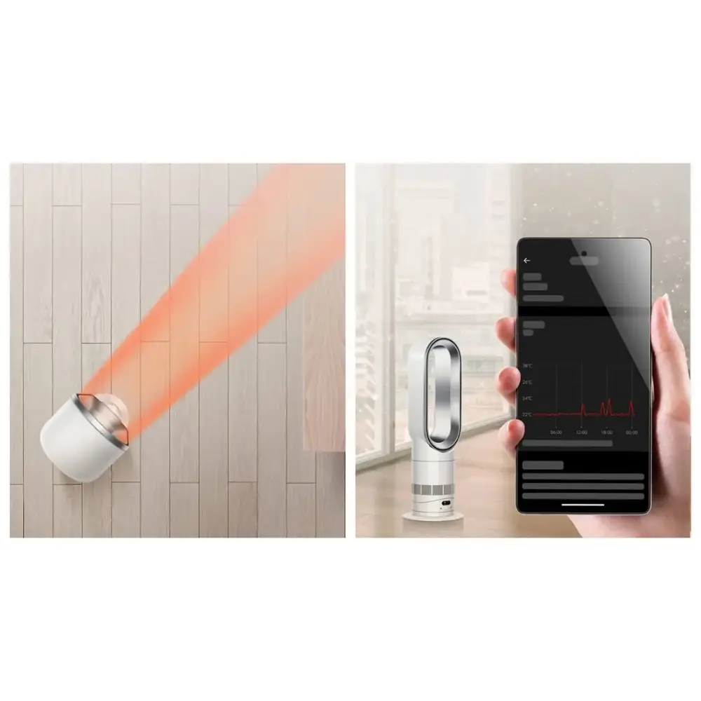 Dyson Hot + Cool HF1 white and silver heater fan shown in split image with left side displaying heat projection on wooden floor and right side showing smartphone app control interface