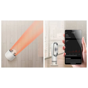 Dyson Hot + Cool HF1 white and silver heater fan shown in split image with left side displaying heat projection on wooden floor and right side showing smartphone app control interface