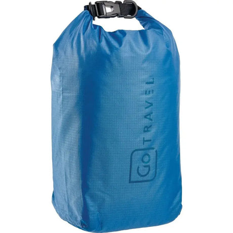 Blue waterproof dry bag with roll-top closure and black buckle strap, featuring Go Travel branding and textured ripstop material surface