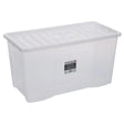 Clear plastic storage box with lid, 110 litre capacity, rectangular shape with hinged white lid and carrying handles, Wham Crystal brand