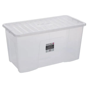 Clear plastic storage box with lid, 110 litre capacity, rectangular shape with hinged white lid and carrying handles, Wham Crystal brand