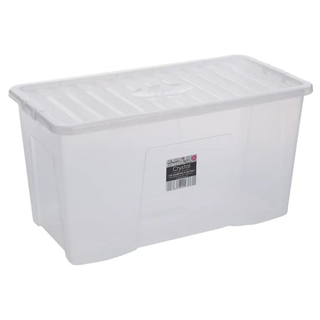 Clear plastic storage box with lid, 110 litre capacity, rectangular shape with hinged white lid and carrying handles, Wham Crystal brand
