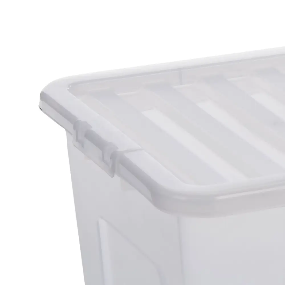 Clear plastic storage box with lid and integrated handles, 110 litre capacity, showing front corner view against white background