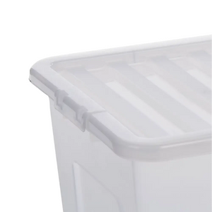 Clear plastic storage box with lid and integrated handles, 110 litre capacity, showing front corner view against white background
