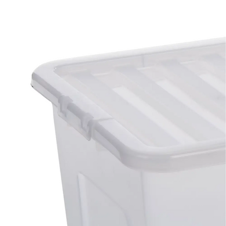 Clear plastic storage box with lid and integrated handles, 110 litre capacity, showing front corner view against white background
