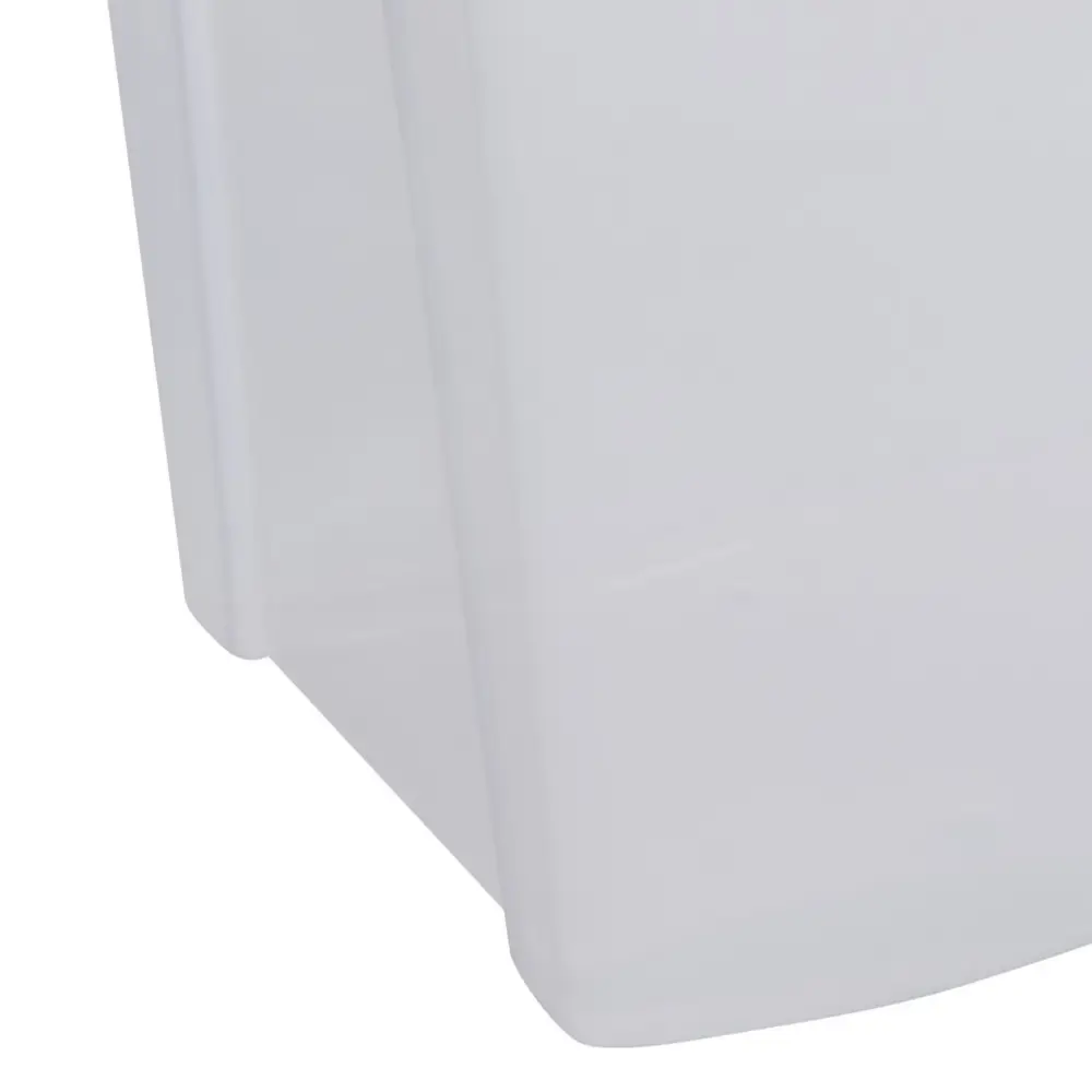 Clear plastic storage box with lid, 110 litre capacity, showing curved edges and transparent design against white background