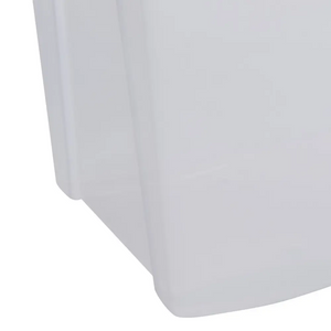 Clear plastic storage box with lid, 110 litre capacity, showing curved edges and transparent design against white background