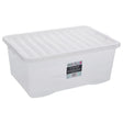 Clear plastic storage box with lid 45 litre capacity Wham Crystal brand rectangular container with handles and label