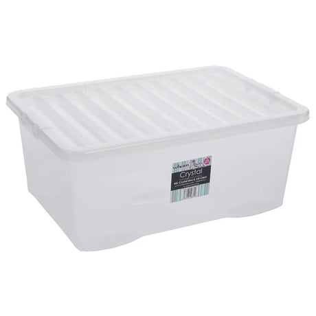Clear plastic storage box with lid 45 litre capacity Wham Crystal brand rectangular container with handles and label