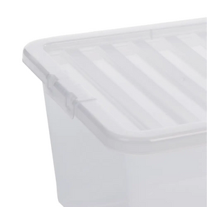 Clear plastic storage box with lid featuring divided compartments and carry handles, 45 litre capacity