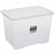 Clear plastic storage box with white lid, 80 litre capacity, Wham Crystal brand, rectangular shape with handles and product label visible on front