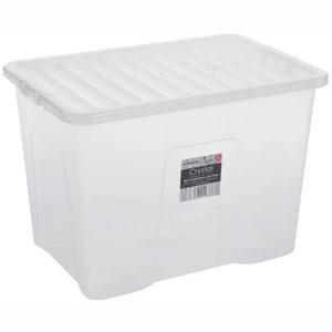 Clear plastic storage box with white lid, 80 litre capacity, Wham Crystal brand, rectangular shape with handles and product label visible on front