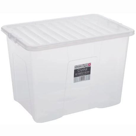 Clear plastic storage box with white lid, 80 litre capacity, Wham Crystal brand, rectangular shape with handles and product label visible on front