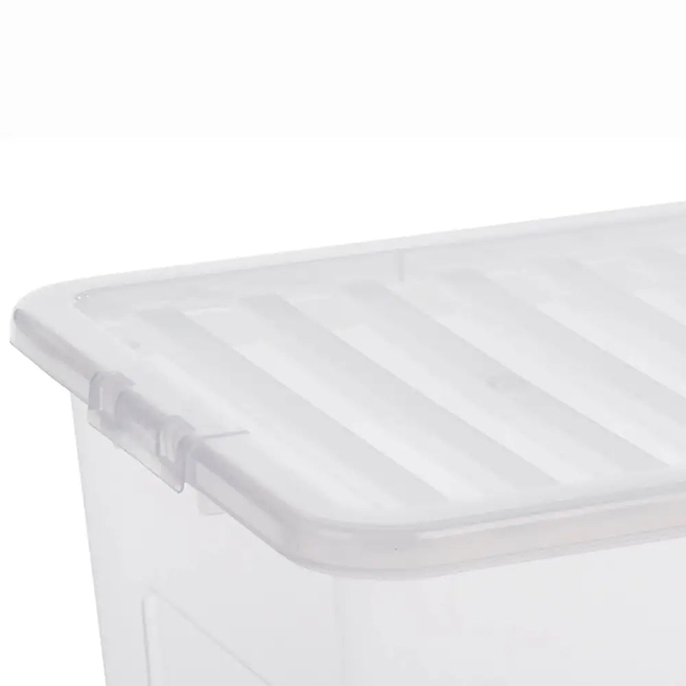 Clear plastic storage box with white lid and handles, 80 litre capacity, transparent sides showing interior compartments, modern stackable design