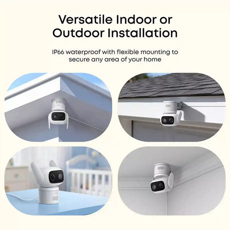 Eufy eufyCam C31 Solo wired security camera in white showing four installation examples demonstrating IP66 waterproof versatility for indoor and outdoor mounting on roof eaves, gutters, windowsills and walls