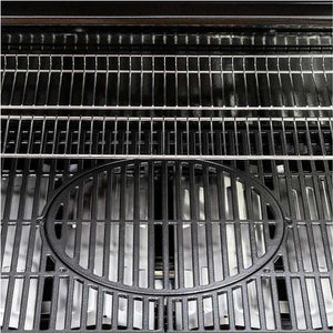 Close-up overhead view of Sahara X450-S black gas barbecue grill showing four burner grates and oval cooking surface with vertical steel grates and control knobs