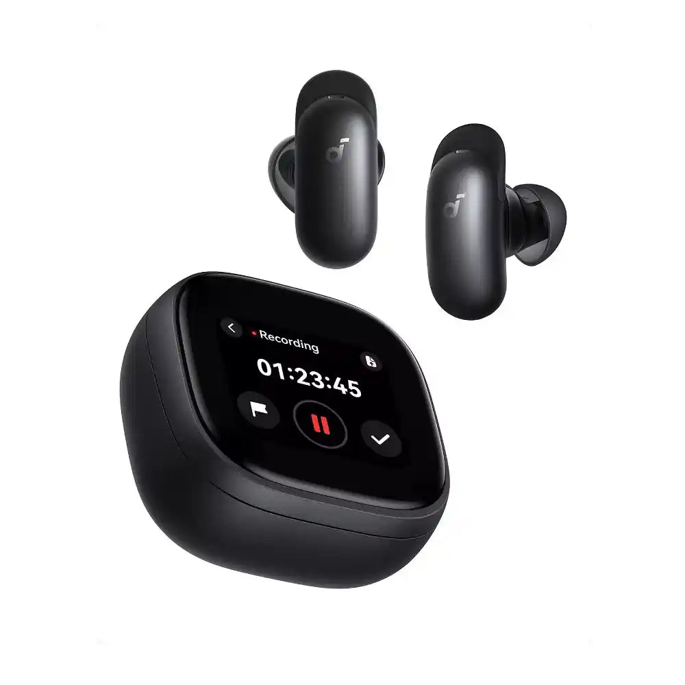 Black wireless earbuds with a matching charging case on a plain white background. The earbuds have a matte finish with a small white logo, and the case has a glossy black finish with a digital display showing recording status and time.