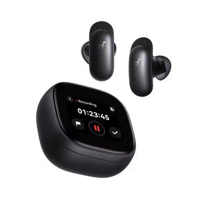 Black wireless earbuds with a matching charging case on a plain white background. The earbuds have a matte finish with a small white logo, and the case has a glossy black finish with a digital display showing recording status and time.