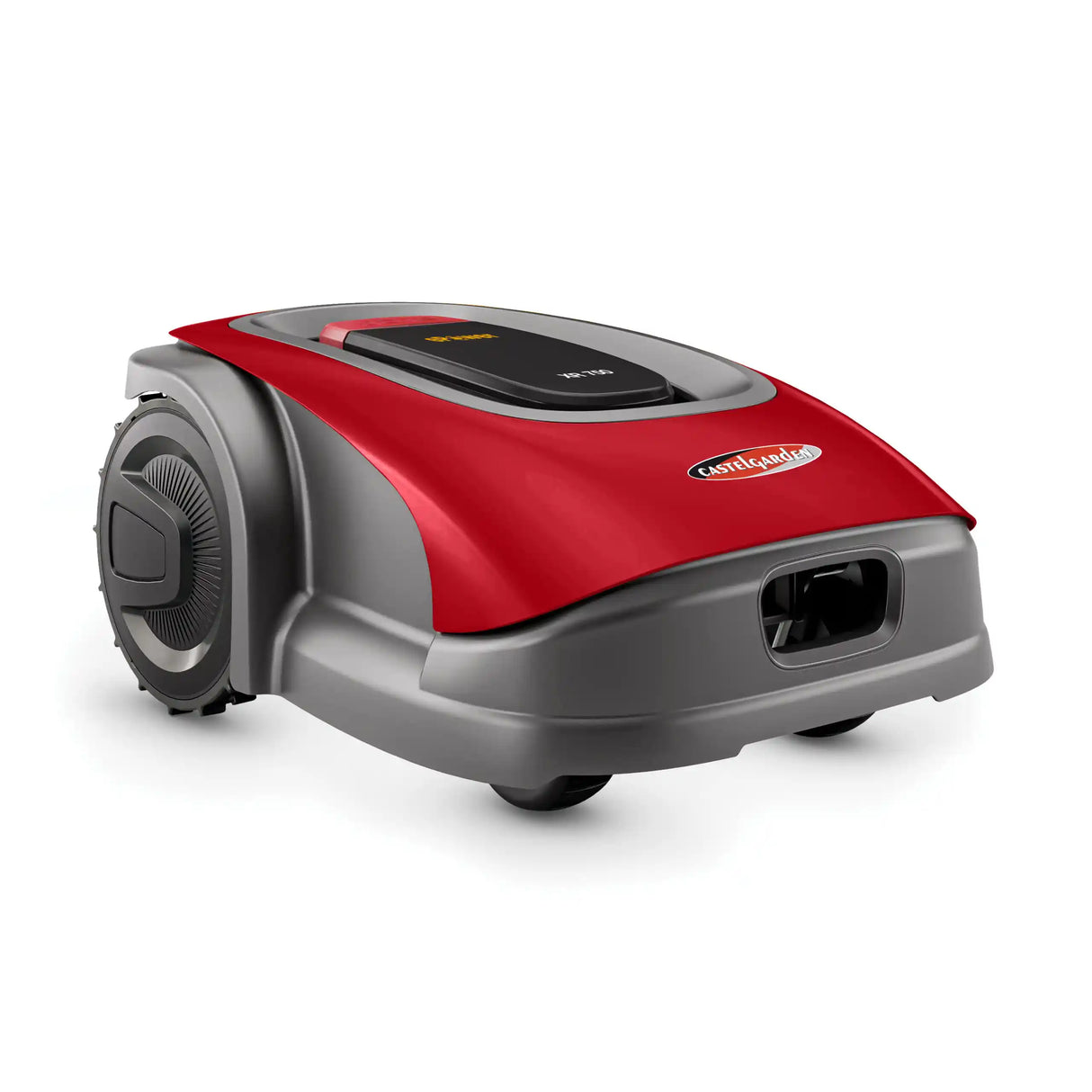 Red and gray robot lawn mower on a white background