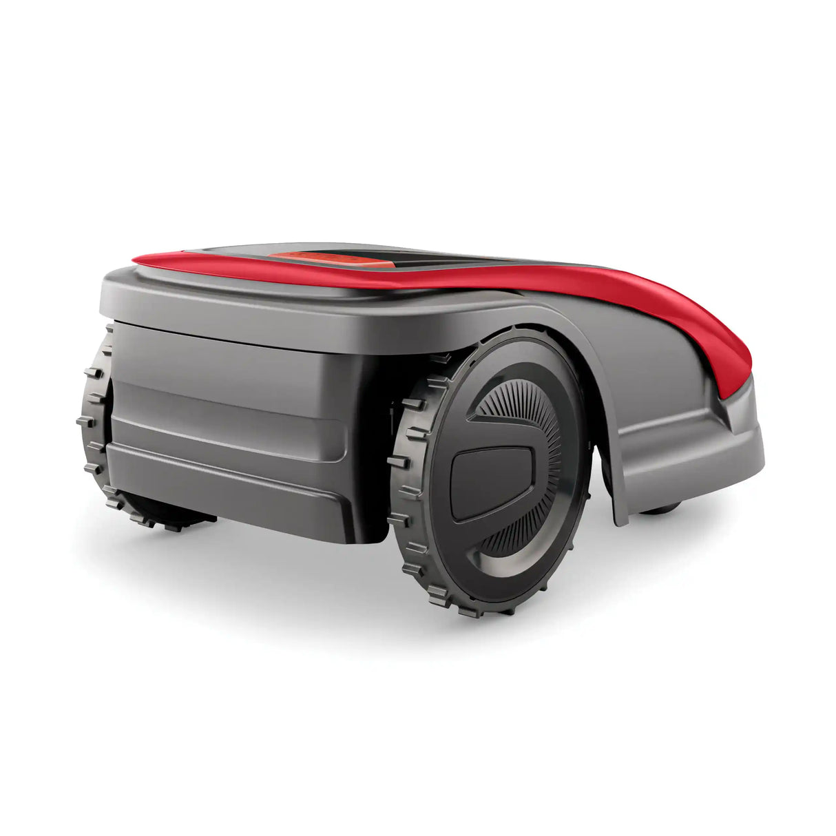 Robotic lawn mower with red top and gray body on a white background