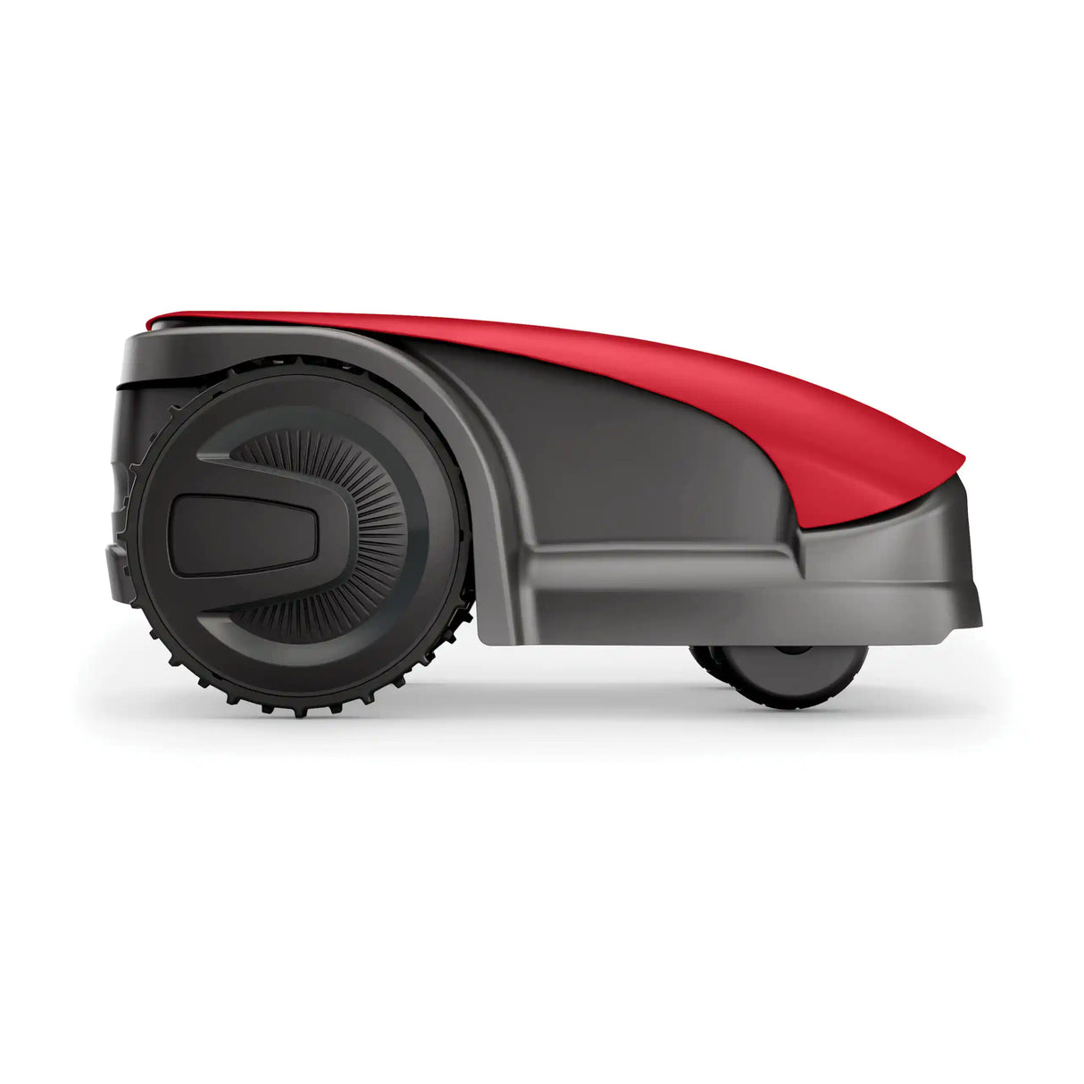 Red and gray robot lawn mower on a white background