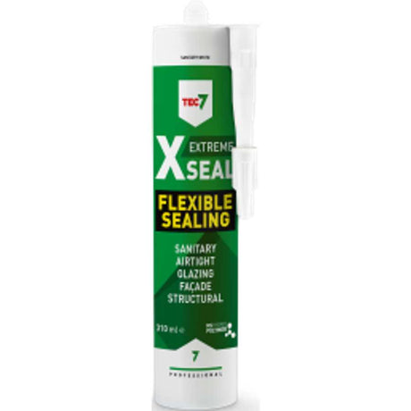 Tec 7 Extreme X-Seal Flexible Sealing cartridge 310ml with green and white labeling showing applications for sanitary, airtight glazing, facade and structural sealing