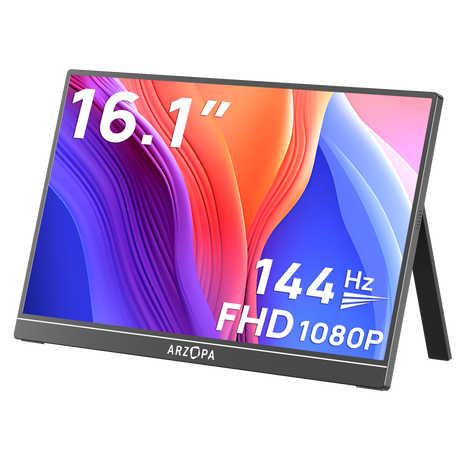 Arzopa 16.1 inch portable gaming monitor with FHD 1080P resolution and 144Hz refresh rate, featuring a colorful abstract display wallpaper in purple, blue, pink and orange tones, black bezels and kickstand, shown against white background