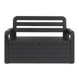 Black plastic garden storage bench with horizontal slat backrest and sealed seat compartment, 263 litre capacity, front view
