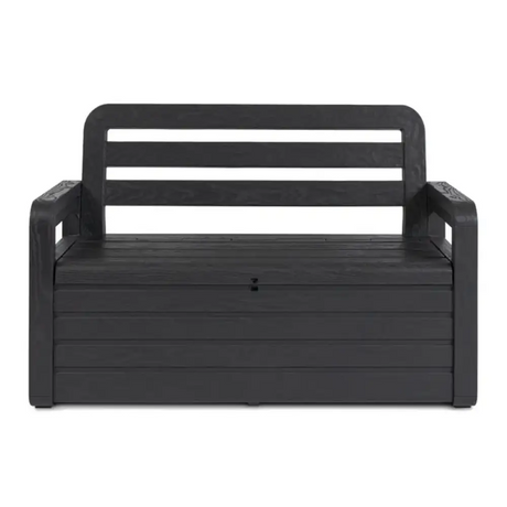 Black plastic garden storage bench with horizontal slat backrest and sealed seat compartment, 263 litre capacity, front view
