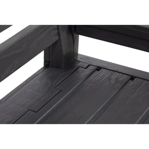 Close-up detail of anthracite grey wooden storage bench showing hinged lid mechanism and slatted seat design with integrated storage compartment