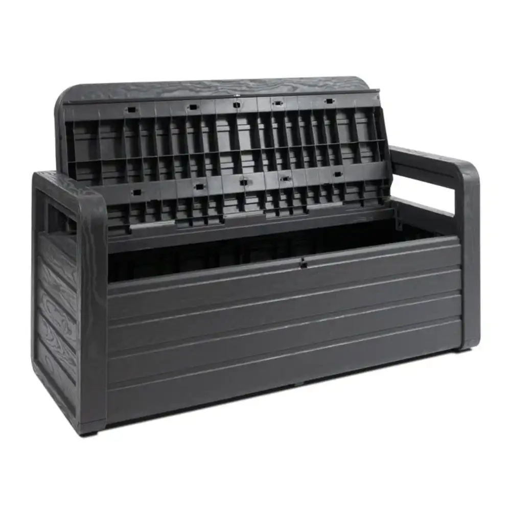 Toomax Storaway anthracite grey plastic garden storage bench with 263 litre capacity, featuring horizontal ribbed design and integrated backrest with slatted top compartment, shown in three-quarter view against white background