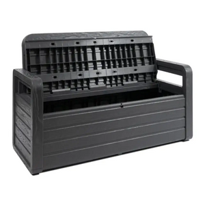 Toomax Storaway anthracite grey plastic garden storage bench with 263 litre capacity, featuring horizontal ribbed design and integrated backrest with slatted top compartment, shown in three-quarter view against white background