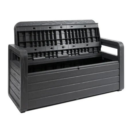 Toomax Storaway anthracite grey plastic garden storage bench with 263 litre capacity, featuring horizontal ribbed design and integrated backrest with slatted top compartment, shown in three-quarter view against white background