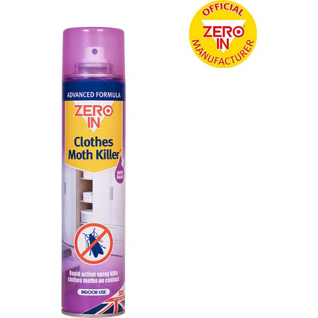 Zero In Clothes Moth Killer purple aerosol spray 300ml with yellow and blue label featuring moth warning symbol and Official Zero In Manufacturer badge